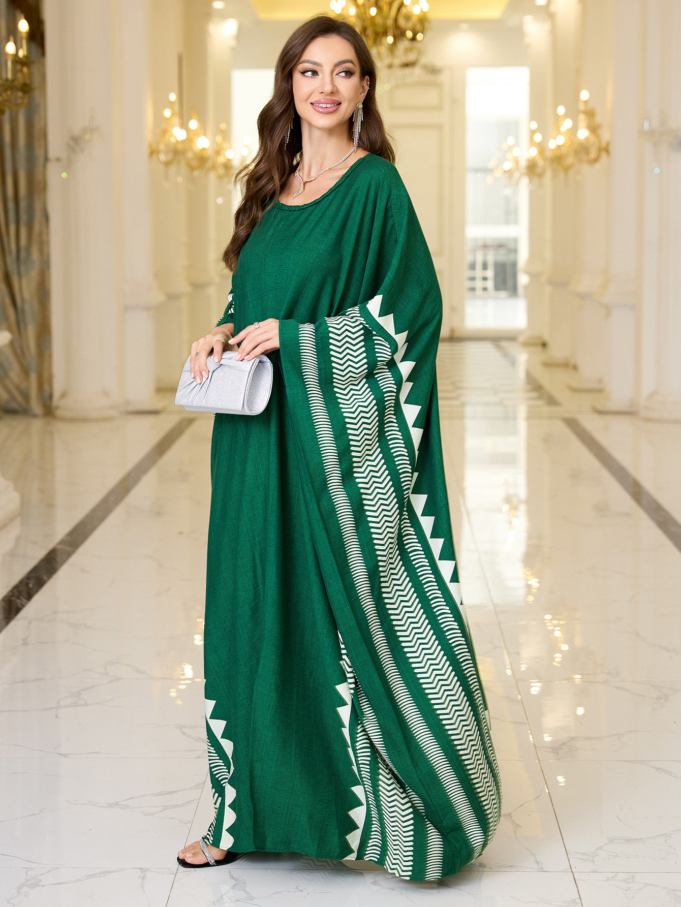 Geometric Pattern Kaftan Maxi Dress with Long Batwing Sleeves for Beach Cover Up